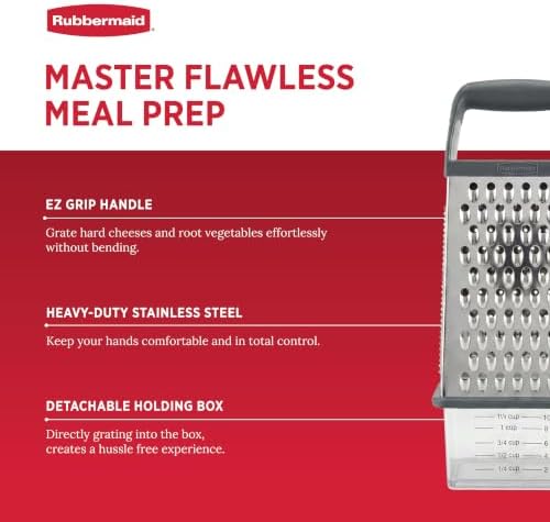 Rubbermaid EZ Grip Box Grater, Stainless Steel Cheese Grater & Container - BPA Free Multi-Surface Cheese Shredder & Food Grater for all Vegetables | Graters for Kitchen -Non-Slip Base, Dishwasher Safe