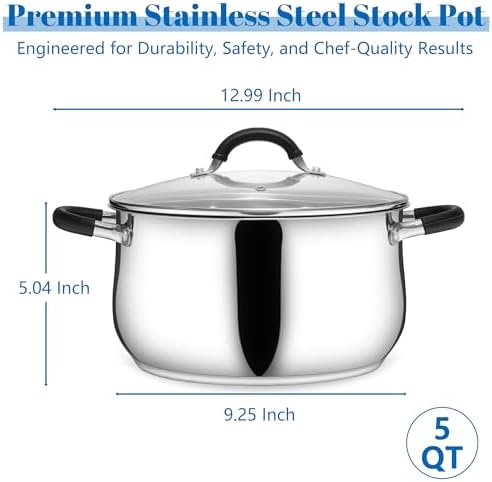 E-far 5Qt Stainless Steel Stock Pot, Tri-Ply Induction Pot with Glass Lid