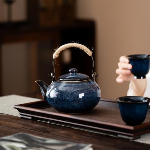 Japanese Teapot with Infuser Ceramic Tea Pot with Removable Stainless Steel Filter for Loose Tea 25 OZ/750ml for Office Home Men Women as Gift Blue