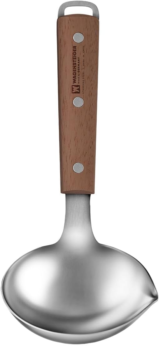 7.87" x 3.94" Short Ladle with Wooden Handle & Spout, SUS304 Stainless Steel Head, Ergonomic & Durable Design, Ideal for Serving Soup, Stews & Sauces, Comfortable Grip