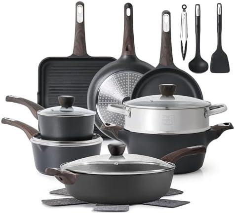 SENSARTE Pots and Pans Set Nonstick, 20 Pcs Induction Cookware Sets, Non-toxic Healthy Non Stick Kitchen Cooking Set with Stay-Cool Handles, PFOA PFOS Free, Black