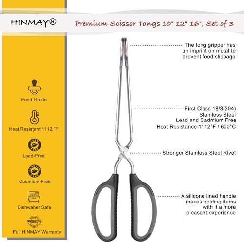 HINMAY Stainless Steel Scissor Tongs Cooking Tongs Set, Set of 3 (Black Handle, 10" 12" 16")