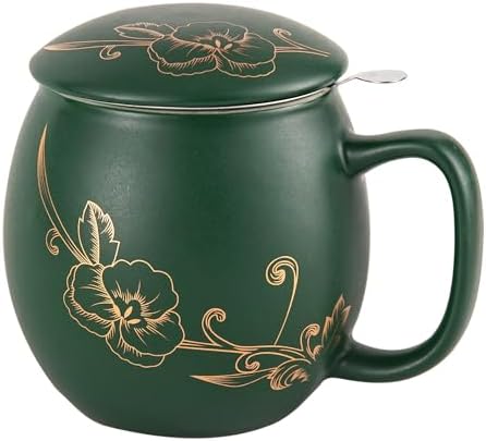 Yundu 12 OZ Ceramic Mug with Lid & Tea Strainer - Matte Green Tea Cup with Golden Flower, Stainless Steel Infuser for Loose Leaf Tea