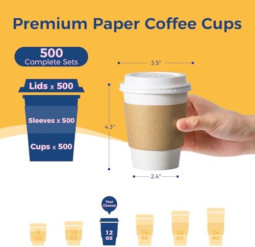Fit Meal Prep 500 Pack 12 oz Disposable Coffee Cups with Lids, Sleeves, Leak-Proof To Go Coffee Cups with Lids, Durable Hot Paper Cups for Hot Cocoa and Coffee Bar Supplies