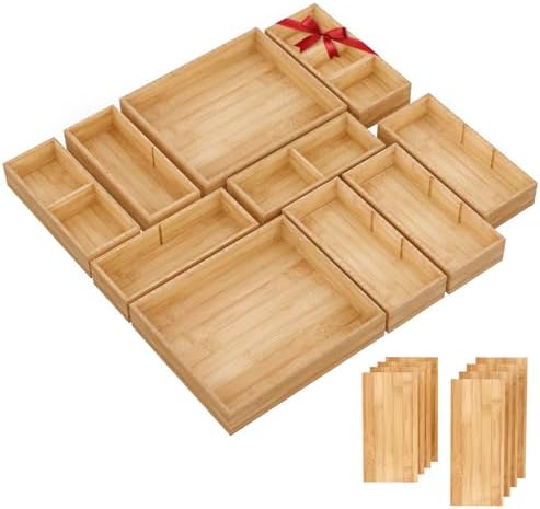 Bamboo Drawer Organizer, 10-Piece Stackable Trays with Removable Dividers