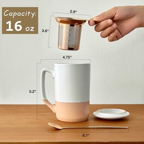 Gencywe Ceramics Large Tea Cup with Loose Leaf Infuser, Spoon and Lid, 16 oz Tall Coffee Mug, Microwave and Dishwasher Safe, Rustic Matte Ceramic Glaze, Tea Strainer (Pink)