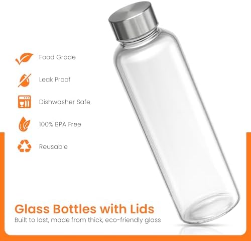 Epica Clear Glass Bottles with Lids, 17.5 oz Water Bottles, 6-Pack