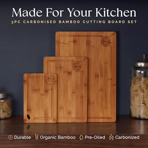 Pre-Oiled, Non Toxic 3-Piece Carbonized Bamboo Cutting Board Set
