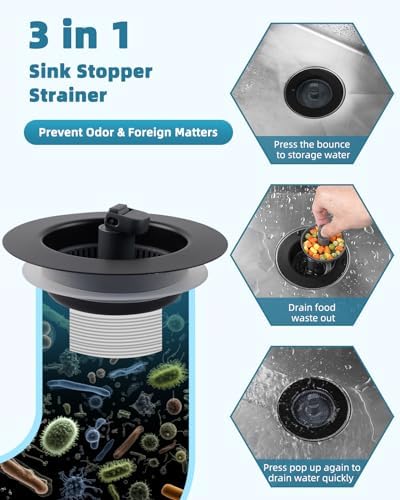 Universal 3 in 1 Kitchen Sink Drain Strainer Stopper Combo, Matteblack