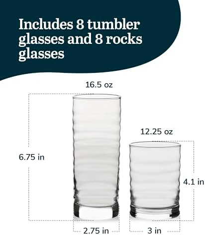 Libbey Pueblo Tumblers and Rocks Glass Cups Set, Wavy and Groovy Drinking Glasses Set of 16, Dishwasher Safe Modern Glassware for Everyday Use