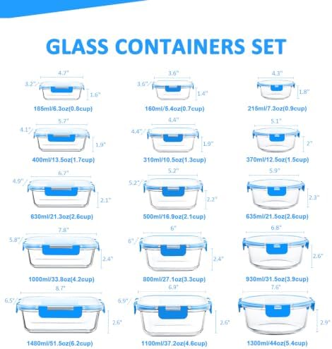 KOMUEE 30 Pieces Glass Food Storage Containers Set, Blue