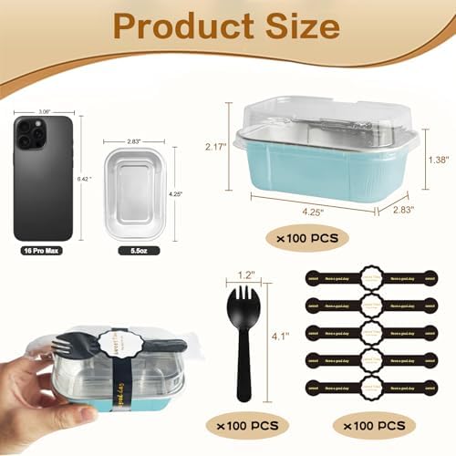 Mini Cake Pans With Lids And Spoons,5.5 oz Rectangle Mini individual Loaf Pans Disposable Aluminum Foil Small Baking Cups Tins (100, Wathet)