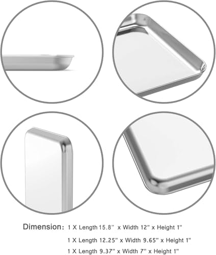 Wildone Baking Sheet Set of 3, Stainless Steel Cookie Sheet Cooking Sheet Pan for Baking & Roasting, 9/12/16 Inch, Non Toxic & Heavy Duty & Easy Clean (Pack of 2)
