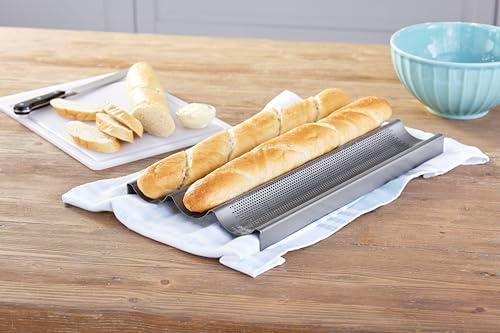 Chicago Metallic Commercial II Non-Stick Perforated Baguette Pan. Creates a crisp, golden-brown crust, 16 L x 9 W x 1.5 H