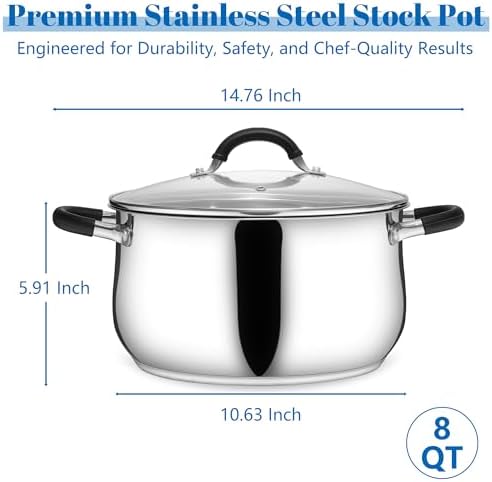 E-far Stainless Steel Stock Pot, 8 Quart Large Cooking Pot with Glass Lid