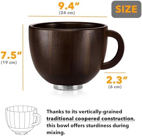 SpaceAid Wooden Bowl with Handle, Kitchen Space Aid Acacia Wood Mixing Bowls Holder for Stand Mixer, Compatible with 4.5 & 5 QT Tilt-Head Models Kitchen, Dark Wood
