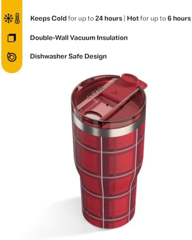 RTIC 30oz Essential Tumbler with Lid, Ceramic Lined, Red Plaid