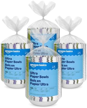 Amazon Basics Ultra Paper Bowls, 20 Oz, Disposable, 540 Count (4 Packs of 135), White (Previously Encore), Packaging May Vary