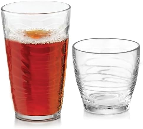 Libbey Orbita Rocks and Tumbler Drinking Glasses Set of 16, Durable Glass Cups Set with Wave Pattern, Glassware Drinking Glasses for Any Occasion