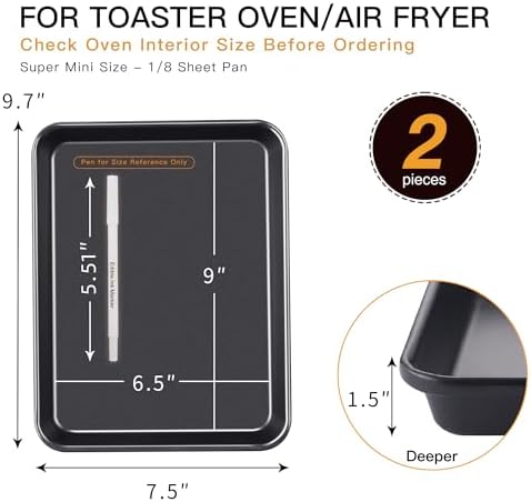 HONGBAKE 2 Pack 9.7X7.5" Toaster Oven Pans for Baking, 57% Thicker Nonstick 1/8 Cookie Sheet Pan Set, Small Baking Tray, Dishwasher Safe and Heavy Duty, Black