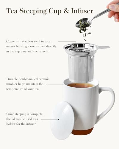 MALACASA Ceramic 18 oz Tea Mug with Lid and Infuser, Khaki White