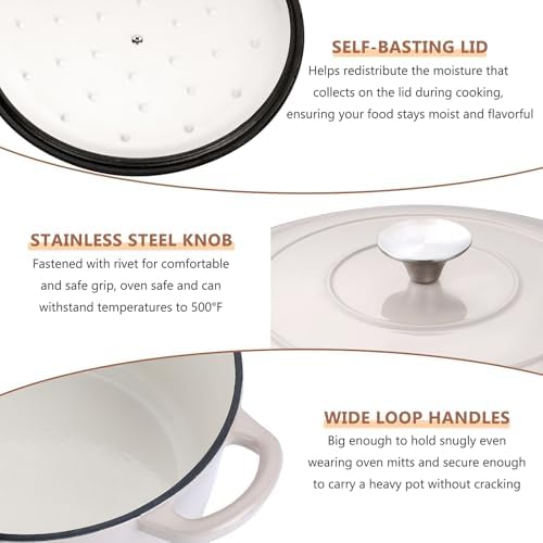 E-far 6 Quart Enameled Cast Iron Dutch Oven, Round Dutch Oven Pot with Lid, Nonstick Cookware for Braising/Stews/Roasting/Bread Baking/Cooking, Heavy Duty, Induction & Oven Safe - Khaki