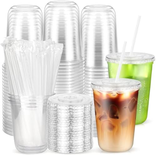 50 Pack 14 oz Iced Coffee Cups with Lids and Straws, Disposable Clear Cups