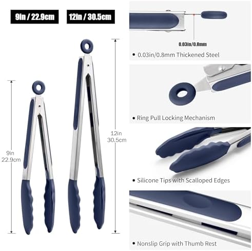 Doosu Kitchen Tongs with Silicone Tips for Cooking Serving (9+12in, Navy)