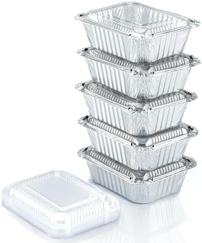 110 Pack - Small Aluminum Pans with Plastic Lids 1LB Disposable Baking Foil Containers, Takeout Food Storage, Freezer, for Restaurants & Catering - Size 5.5x4.5x1.9