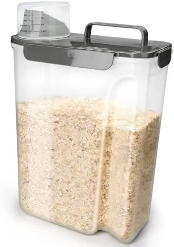 Komzon Rice Storage Containers, Rice dispenser with Pouring Spout Portable Handle for Flour, Pasta, Grain and Baking, Pet Dog Cat Bird Food Container 20 LB Grey