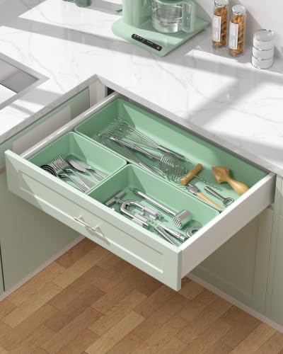 10 Pack Large Size Plastic Drawer Organizers Set, 3 Sizes Desk Drawer Organizer Trays, Storage Bins for Vanity, Makeup, Bathroom, Kitchen Utensils and Office (Green)