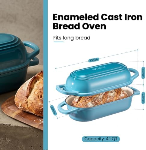 Oval Dutch Oven for Bread Baking,Enameled Cast Iron Bread Pan(4.1QT,Blue)
