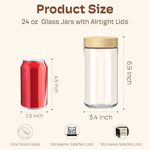 24 oz Glass Overnight Oats Containers, Mason Jars with Bamboo Lids, 4 Pack