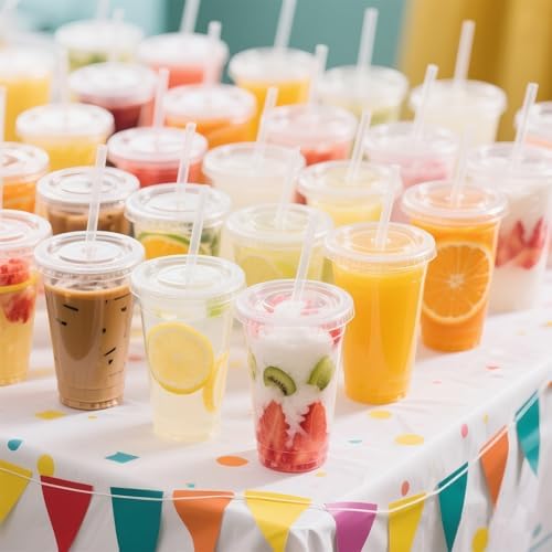 Ginkgo 32 oz Clear Plastic Cups with Lids and Jumbo Straws