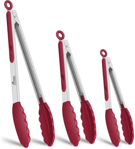 HOTEC Premium Stainless Steel Locking Kitchen Tongs with Silicon Tips, Set of 3-7", 9" and 12" (Red)