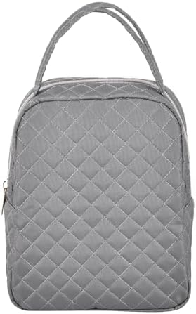 Machine Washable Women Quilted Fabric Insulated Reusable Cooler Lunch Bag Tote Adult Thermal Lunch Box Storage Bag for Ｗork (Grey)