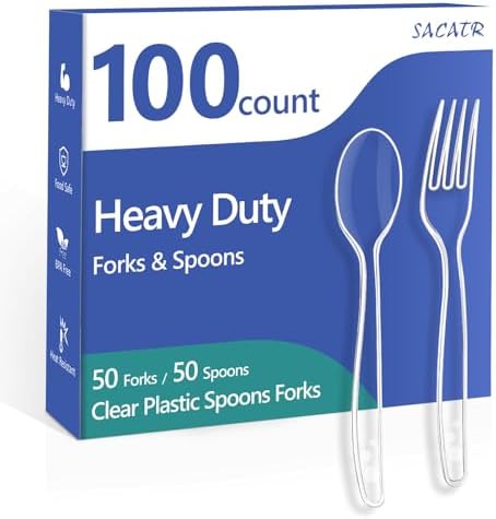 SACATR 100 Count Clear Plastic Silverware Heavy Duty -50 Forks, 50 Spoons
