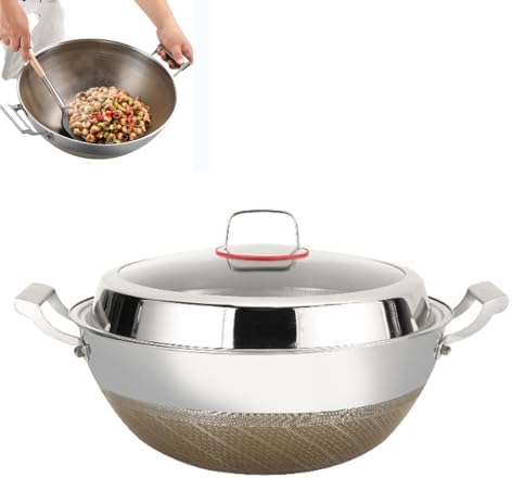 Titanium Hammered Wok with Double Handles, 2026 New Frying Pans Nonstick, Non-Stick Wok, Scratch-Resistant Non Stick Titanium Pans for Cooking,With lid,15.74in