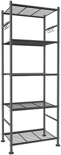 Sakugi 5-Tier Storage Rack Organizer with Hooks, Heavy Duty Metal Garage Rack with Leveling Feet, Freestanding Utility Rack for Bedroom, Balcony and Garage, 18.1"×12.4"×56.8", Black