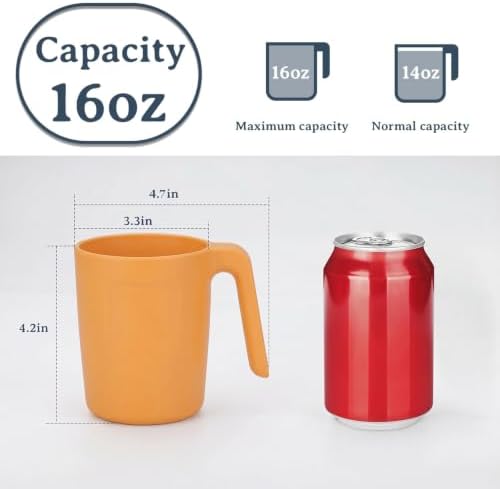 Wrova 16oz Wheat Straw Cups with handles set of 6-Plastic Cups Reusable-Unbreakable Kids Mugs-Dishwasher Safe & Microwave Safe-Ideal Mugs for Tea,Coffee,Camping,RV-Banana Yellow