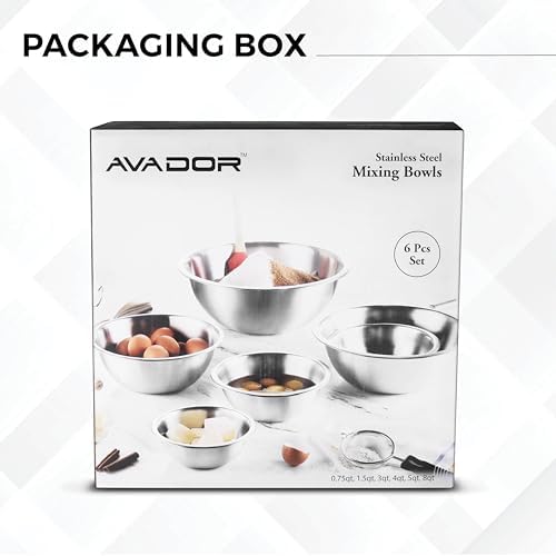 AVADOR Set of 6 Premium Stainless Steel Mixing Bowls Set, Easy To Clean, Space Saving Nestable Design, Great for Cooking, Baking, Prepping (0.75qt, 1.5qt, 3qt, 4qt, 5qt, 8qt)