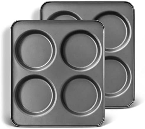 HONGBAKE Large Muffin Top Pan Set of 2, 4 Cup Nonstick Hamburger Bun Baking Pan, Jumbo Whoopie Pie Pan for Egg Sandwich, Cornbread, Layer Cake