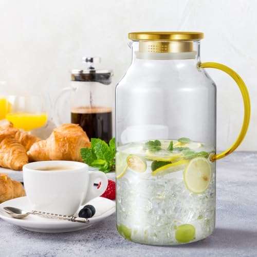 Bivvclaz 1 Gallon Gold Glass Pitcher with Lid and Handle, Water Pitcher for Fridge, Glass Carafe for Hot/Cold Water, Large Iced Tea Jug for Coffee, Juice and Homemade Beverage