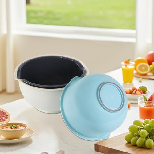 3pcs Mixing Bowls with Pour Spout-Nesting Design Saves Space - Non-Slip, BPA Free, Dishwasher Safe Plastic - Kitchen Cooking and Baking Supplies (White)
