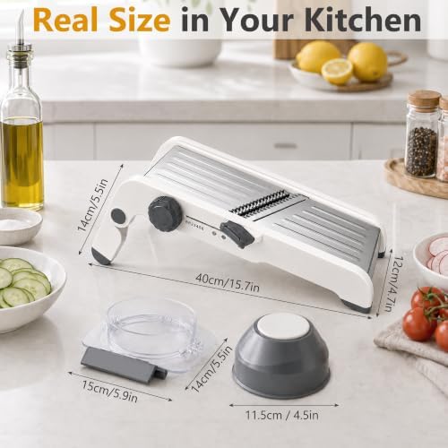 Safe Mandoline Slicer for Kitchen - All in One Adjustable Vegetable Slicer, Waffle Fry Cutter, Mandolin Vegetable Cutter for Potato, French fry, Carrot, Onions, 1 Pair Cut-Resistant Gloves Included