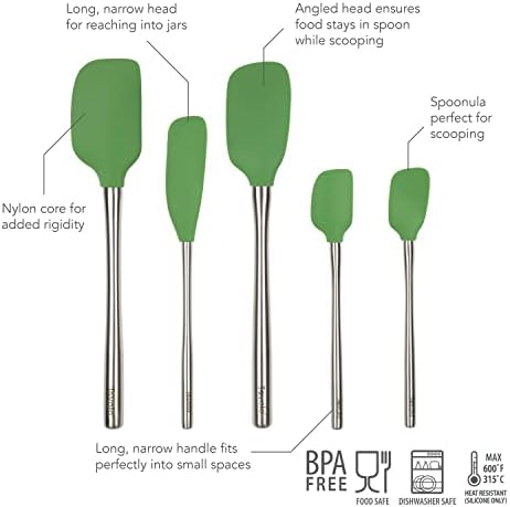 Tovolo Stainless Steel Handled Silicone Spatula Set of 5 Pesto Green, Dishwasher Safe Kitchen Spatula Set for Cooking Baking, Non Toxic BPA Free Silicone Spatula set with Metal Steel Handle
