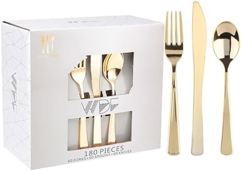 WDF 180 Count Gold Plastic Silverware Set - Heavy Duty Disposable Cutlery (60 Forks, 60 Knives, 60 Spoons) - BPA-Free Gold Flatware for Wedding/Fall Party/Baby Shower/Thanksgiving/Christmas