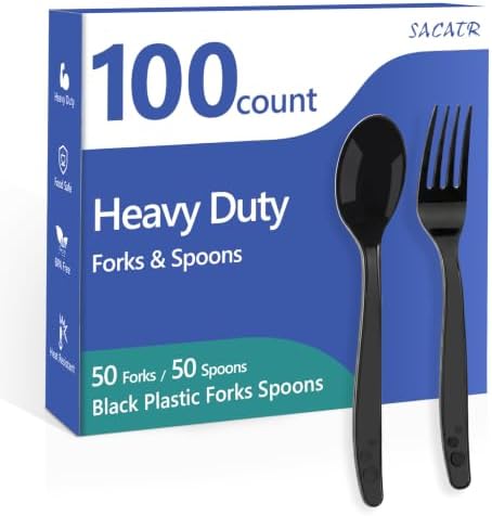 SACATR 100 Count Black Plastic Silverware Heavy Duty -Forks, Spoons