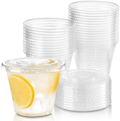 Fit Meal Prep 50 Pack 9 oz Clear Plastic Cups with Flat Lids, Disposable Iced Coffee Cups, BPA Free Premium Crystal Smoothie Cup for Party, Lemonade Stand, Cold Drinks, Juice, Milkshake