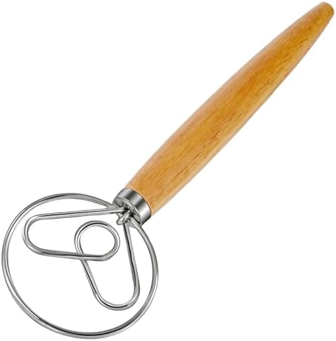 Danish Dough Whisk Dutch Bread Mixer Stainless Steel Hook Wooden Handle Baking Tools for Sourdough Pizza Pastry Cake Batter Making